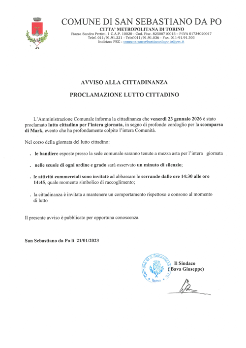 Proclamato lutto cittadino nella giornata del 23/01/2026